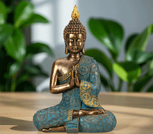 Naložite sliko v pregledovalnik galerije, buda kip buda kipec figura buda buddha dekoracija za dom buda meditacija buda zascita meditacija anjali mudra blagostanje bogastvo buda sreča sreca buda